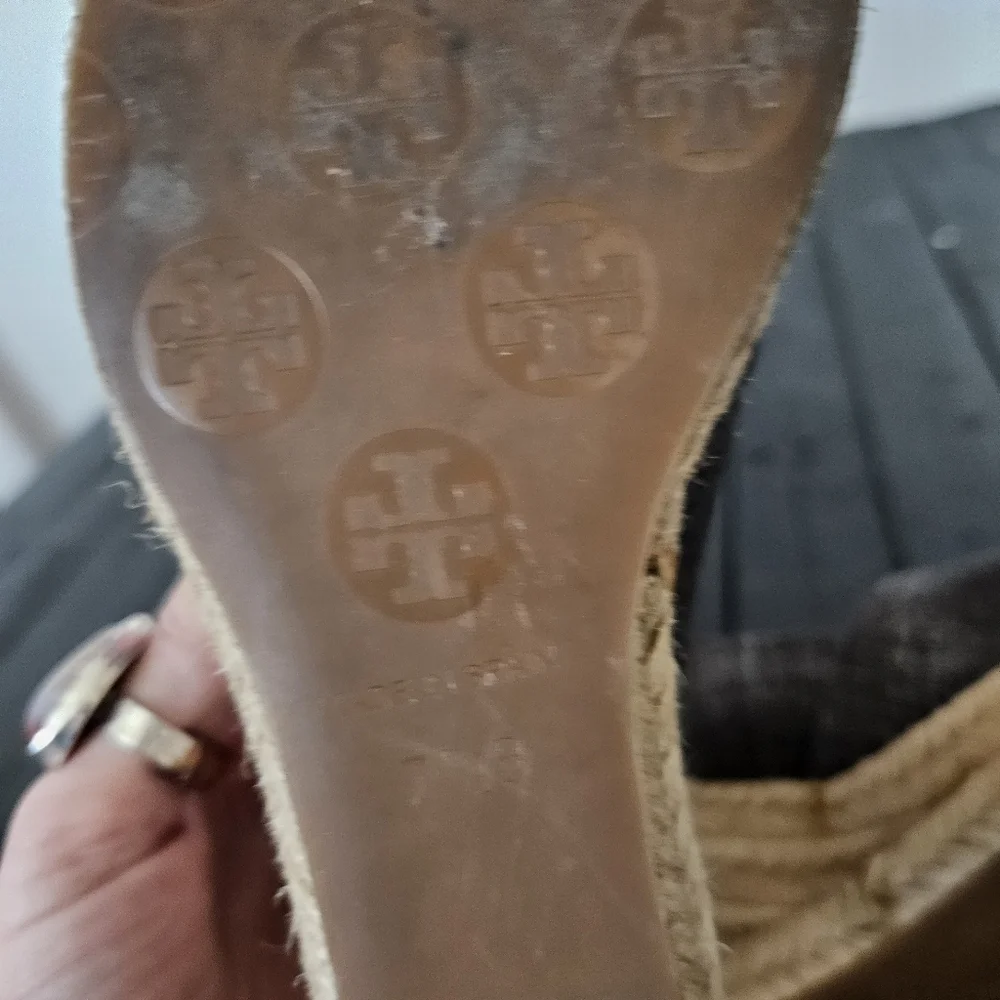 Tory Burch Shimmering Charcoal Grey Espadrille Wedges Peep Toe Heels Women's 7.5